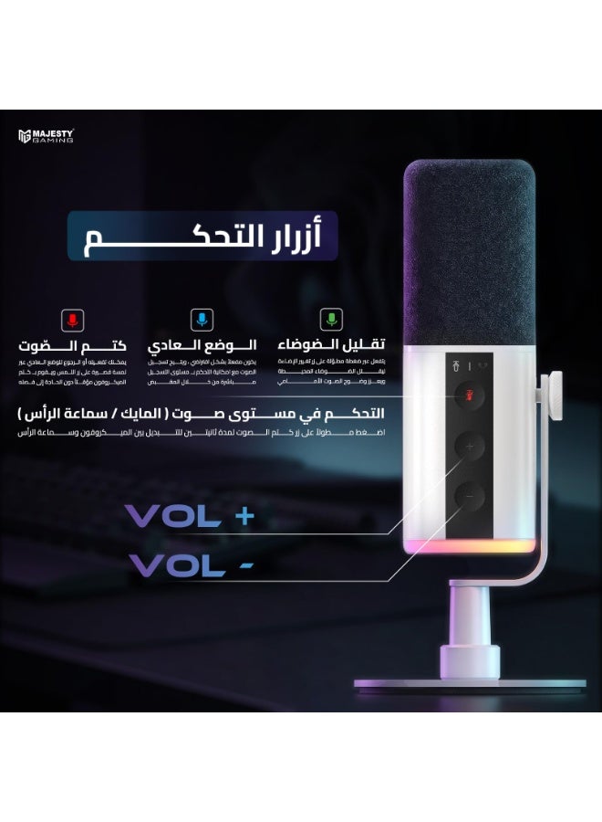 ماجيستي ميكروفون العاب من ماجيستي تصميم هاي-إند | مايك ديناميكي لصناعة المحتوى والبث المباشر | اضاءة RGB | موصلات USB Type-C و XLR و مدخل سماعة رأس | زر كتم الصوت | مراقبة صوتية مباشرة SM9 أبيض - Image 4