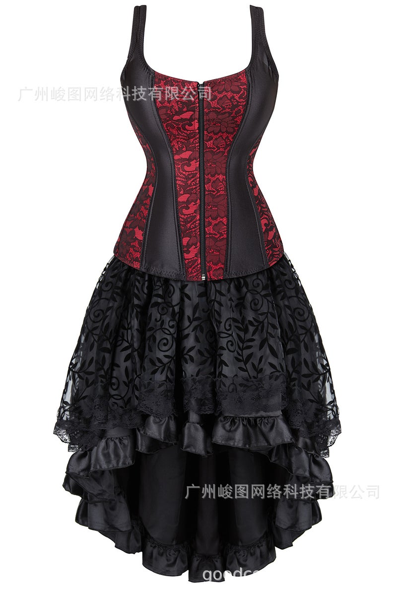 Classic Lotus Leaf Lace Jacquard Adjustable Court Body Shaping Split Set Flocking Luxury Long Dress - Image 1