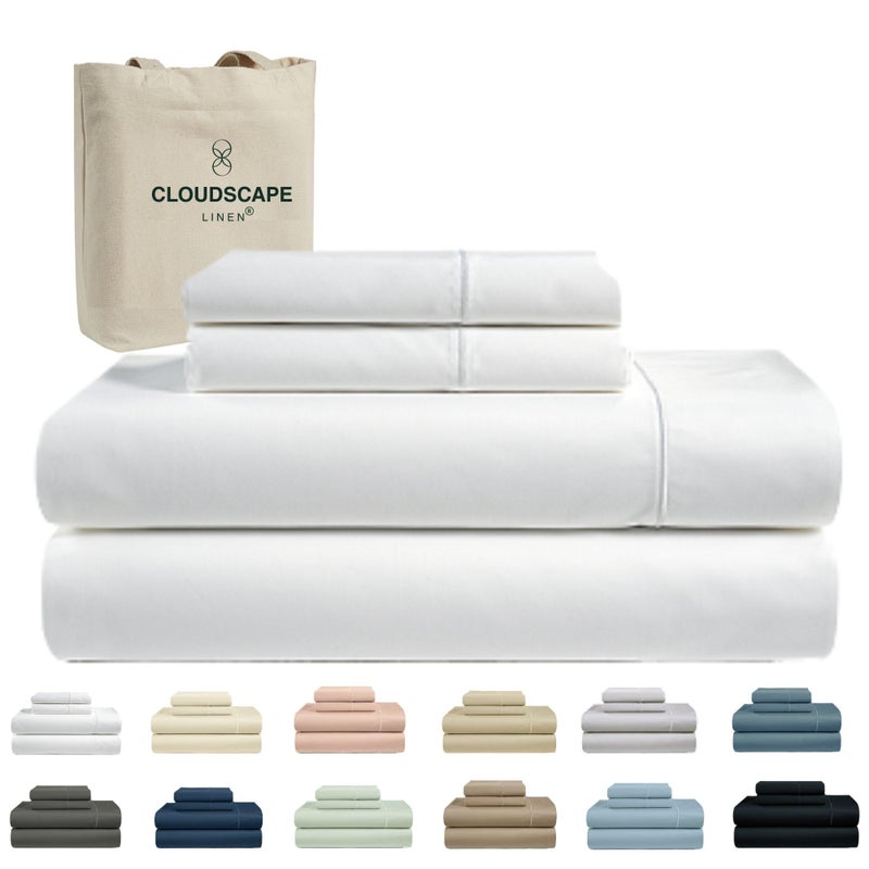 CloudScape Linen Cloud Scape Linen 100% Egyptian Cotton Sheets King Size, 4 Pieces Breathable and Naturally Cooling Bedding Set, Long-Staple Cotton for Lasting Softness, Deep Pocket Fitted up to 16â€ King Sheet, White - Image 1