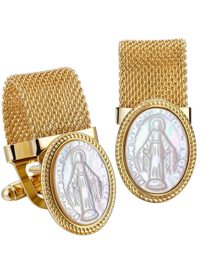 HAWSON Religious Cufflinks For Men With Chain - Gifts For Christian, Church Member, Pastor On Church Christmas Easter - Faith Jewelry Or Accessories, Shiny Gold Tone Mother Of Pearl Cuff Links. (Jesus) - Image 1