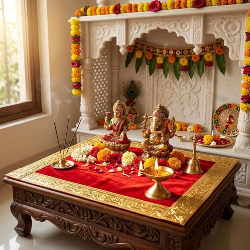 Salvus APP SOLUTIONS Velvet Red & Golden Puja Aasan/Choki Kapda for Pooja Chowki & Sighaasan (Size 8 x 10 Inch) - Image 4