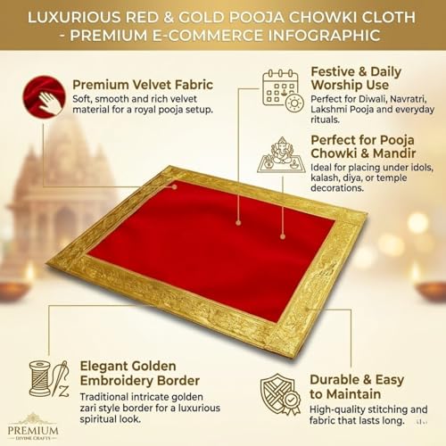 Salvus APP SOLUTIONS Velvet Red & Golden Puja Aasan/Choki Kapda for Pooja Chowki & Sighaasan (Size 8 x 10 Inch) - Image 3