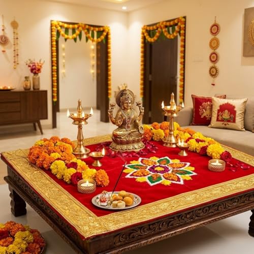 Salvus APP SOLUTIONS Velvet Red & Golden Puja Aasan/Choki Kapda for Pooja Chowki & Sighaasan (Size 8 x 10 Inch) - Image 5