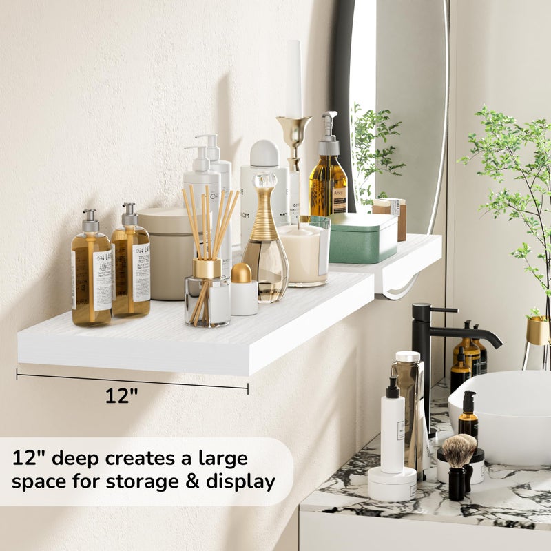 Fun Memories Floating Shelves - 2 Pack 12 Inch Deep Rustic Wooden Wall Shelves - Extra Deeper & Thicker Wall Mounted Storage Shelf for Living Room, Kitchen, Farmhouse - 24" W x 12" D x 1.5" H - White - Image 5