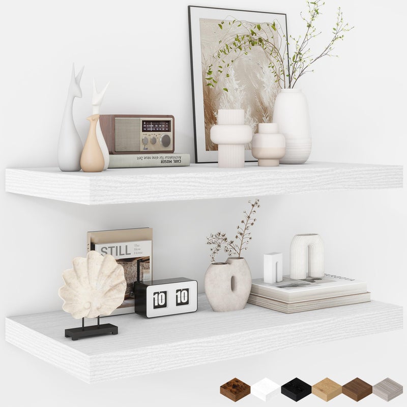 Fun Memories Floating Shelves - 2 Pack 12 Inch Deep Rustic Wooden Wall Shelves - Extra Deeper & Thicker Wall Mounted Storage Shelf for Living Room, Kitchen, Farmhouse - 24" W x 12" D x 1.5" H - White - Image 1