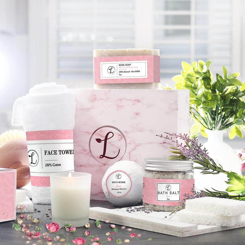 envizins Spa Gift Set 100 Natural Gift Box Includes Bath Bomb Bath Salt Hand Soap Scented Candle Face Cloth and Gift Box Best Gift for Her Rose - Image 3