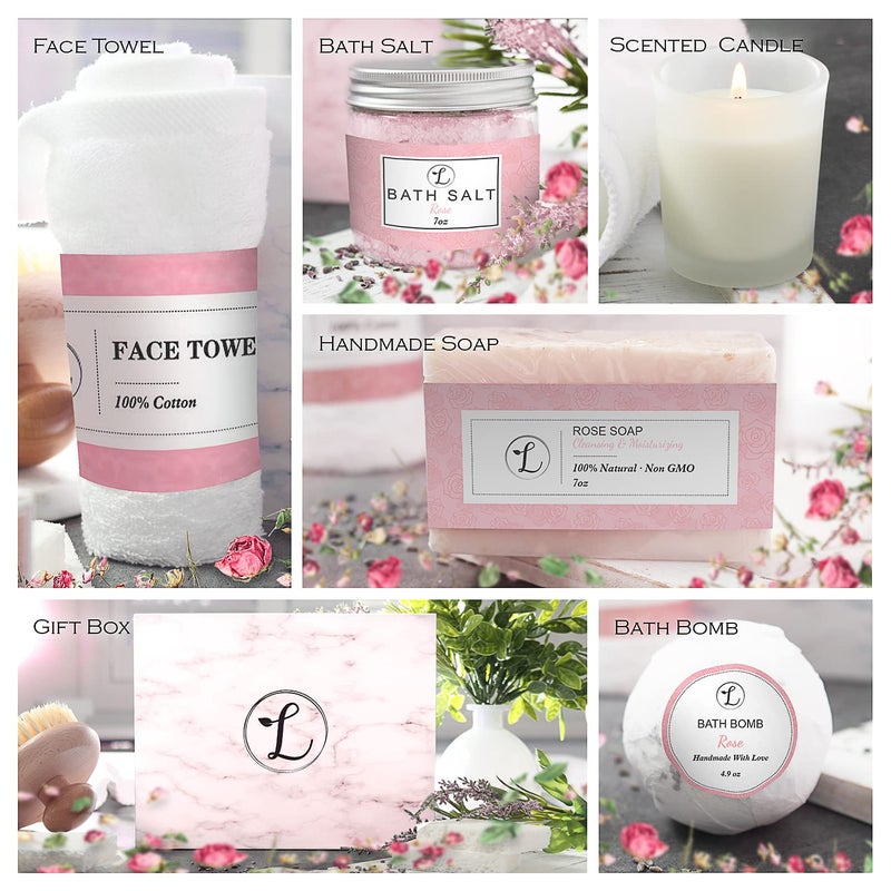 envizins Spa Gift Set 100 Natural Gift Box Includes Bath Bomb Bath Salt Hand Soap Scented Candle Face Cloth and Gift Box Best Gift for Her Rose - Image 4