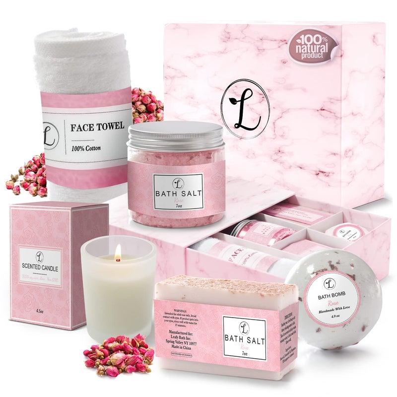 envizins Spa Gift Set 100 Natural Gift Box Includes Bath Bomb Bath Salt Hand Soap Scented Candle Face Cloth and Gift Box Best Gift for Her Rose - Image 1