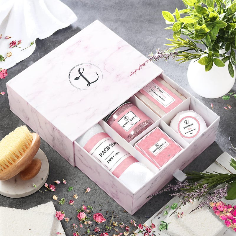 envizins Spa Gift Set 100 Natural Gift Box Includes Bath Bomb Bath Salt Hand Soap Scented Candle Face Cloth and Gift Box Best Gift for Her Rose - Image 2