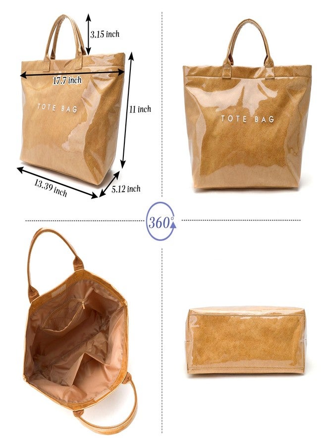 MINGRI Large Tote Bag for Women PVC Totes Bags Kraft Paper Carry All Handbag Plastic Shoulder Purse Hobo Top Handle Bag for Work Travel,Waterproof Beach Trendy Totes, Short Reinforced Handle (A-brown) - Image 5
