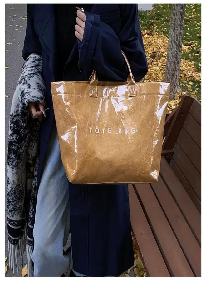 MINGRI Large Tote Bag for Women PVC Totes Bags Kraft Paper Carry All Handbag Plastic Shoulder Purse Hobo Top Handle Bag for Work Travel,Waterproof Beach Trendy Totes, Short Reinforced Handle (A-brown) - Image 4