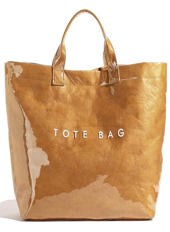 MINGRI Large Tote Bag for Women PVC Totes Bags Kraft Paper Carry All Handbag Plastic Shoulder Purse Hobo Top Handle Bag for Work Travel,Waterproof Beach Trendy Totes, Short Reinforced Handle (A-brown) - Image 1