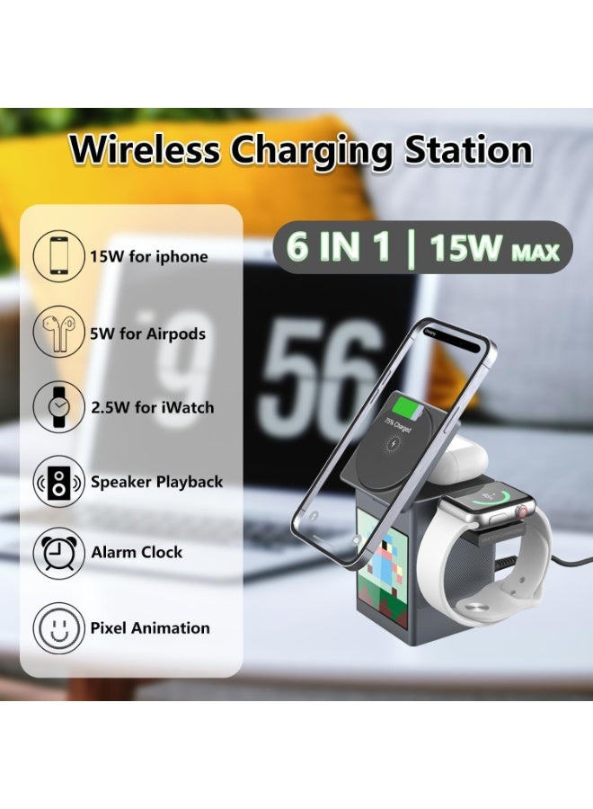 WEKOME 3-in-1 Wireless Charging Station with Pixel Speaker & Alarm Clock – 15W Fast Wireless Charger for Phone, Earbuds & Watch - Image 2