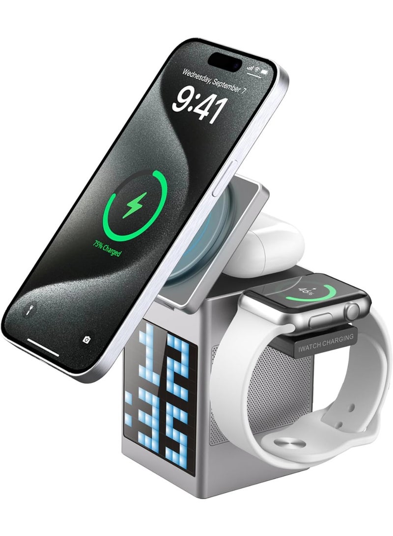 WEKOME 3-in-1 Wireless Charging Station with Pixel Speaker & Alarm Clock – 15W Fast Wireless Charger for Phone, Earbuds & Watch - Image 1