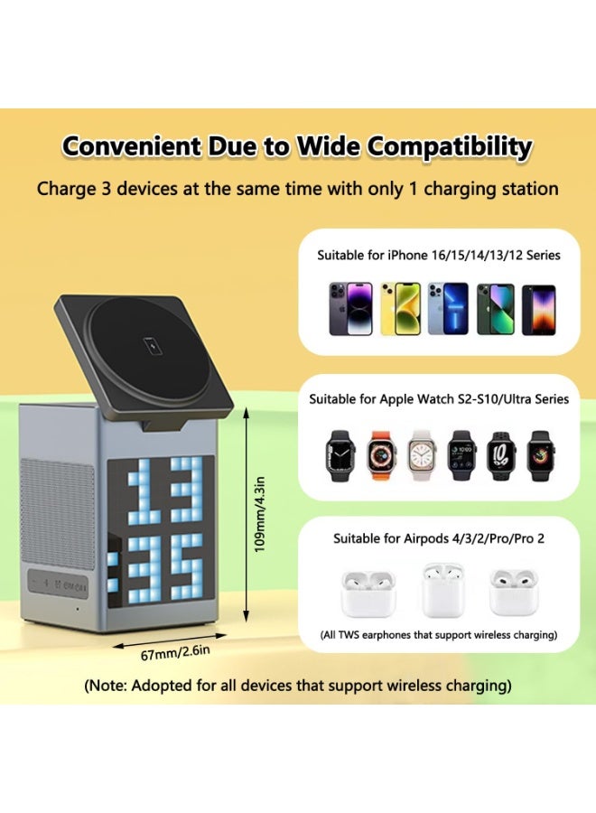 WEKOME 3-in-1 Wireless Charging Station with Pixel Speaker & Alarm Clock – 15W Fast Wireless Charger for Phone, Earbuds & Watch - Image 4
