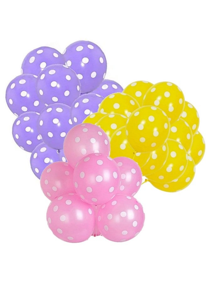 مجموعة بالونات DUL DUL الصفراء والأرجوانية والوردي الفاتح والمنقطة من 30 بالونة للحفلات - 10 بالونات صفراء و10 بالونات أرجوانية و10 بالونات وردية كبيرة منقطة لتزيين أعياد الميلاد/الحفلات، وديكور حفلات استقبال المولود، وحفلات الغابة/الموضوعية (أصفر + وردي كبير + أرجواني، 30)