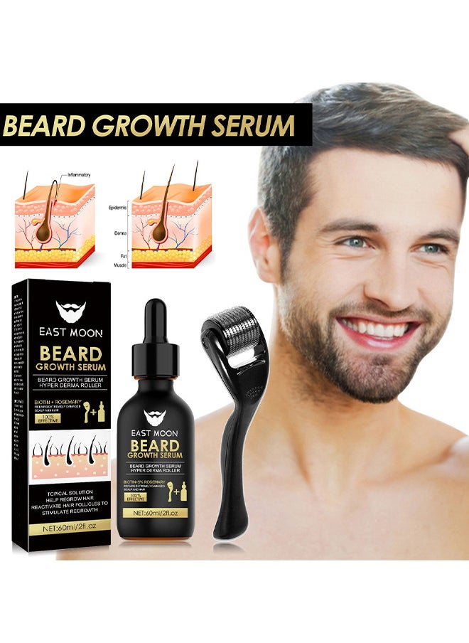 East Moon - Beard Growth Serum Hyper Derma Roller, Men Rosemary Oil Moustache Growth Enhancer ​Anti Hair Loss Care Serum With Beard Rolle 60ML - Image 1