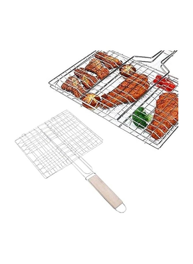 Risen Barbeque Grill Chromium Plated Iron with Handle,  Folding Portable BBQ Grill Basket for Fish Vegetables Shrimp with Wooden  - Image 1