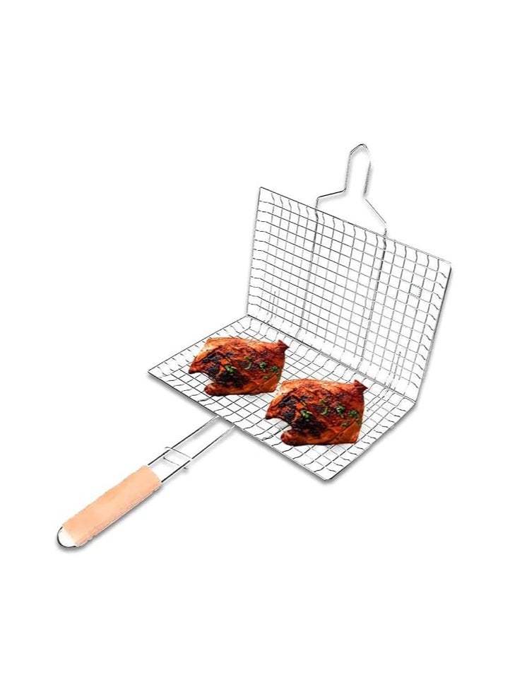 Risen Barbeque Grill Chromium Plated Iron with Handle,  Folding Portable BBQ Grill Basket for Fish Vegetables Shrimp with Wooden  - Image 3