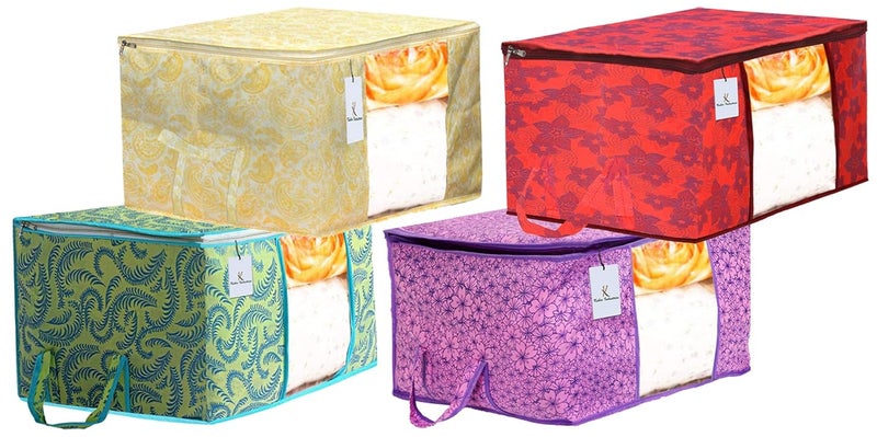 Kuber Industries Metalic Printed 4 Piece Non Woven Fabric Underbed Storage BagCloth OrganiserBlanket Cover with Transparent Window Green Gold Red Pink Purple CTKTC41122 - Image 1