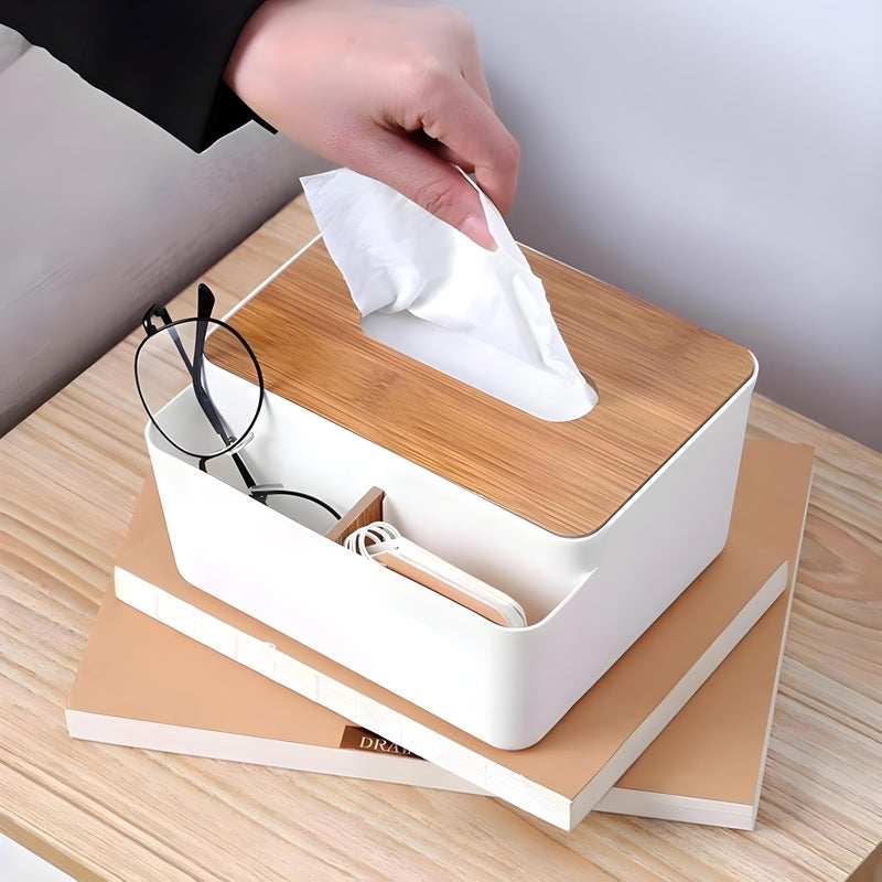 Jinila Tissue Paper Holder with 2 Compartment Bamboo Cover Plastic Tissue Box Multipurpose Tissue Dispenser for Home, Office and Vanity (Pack of 1, White) - Image 2