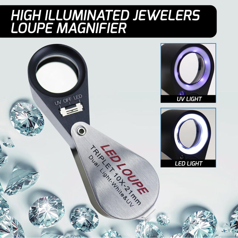 Gain Express Jewelers Loupe Magnifier, Jewelry Loop Magnifier with Light, Hastings Triplet Loupe 10X for Coin, Gem, Stamp, Diamond etc (White LED & UV Light) - Image 3