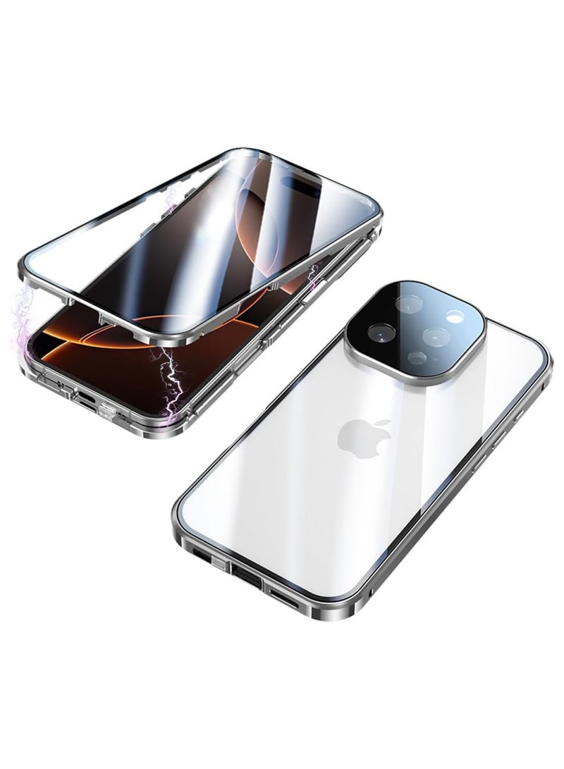 عام "غطاء متوافق مع iPhone 16 Pro Max 2024، إطار معدني مغناطيسي وزجاج مقوى شفاف من الجانبين مع حماية للكاميرا."