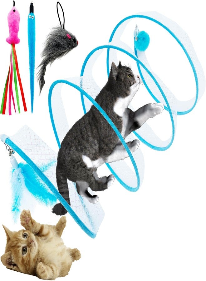 CATENEED Self Play Cat Hunting Spiral Tunnel Toy, Folded Cat Spring Tunnel Toys for Indoor Cats (Blue) - Image 1