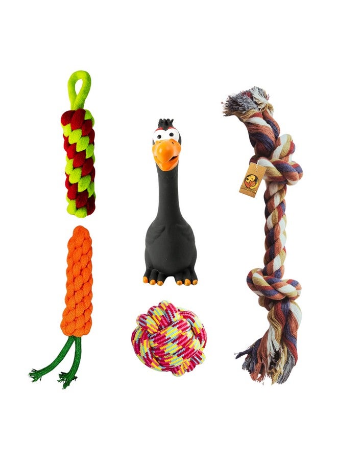 5 In 1 Squeaky And Chew Rope Dog Toy Combo - (2Knot Rope + Cotton Ball + Carrot + Corn Stick + Black Eagle) | Chewing, Playing, And Teething Toy For Small Dogs And Puppies - Image 1