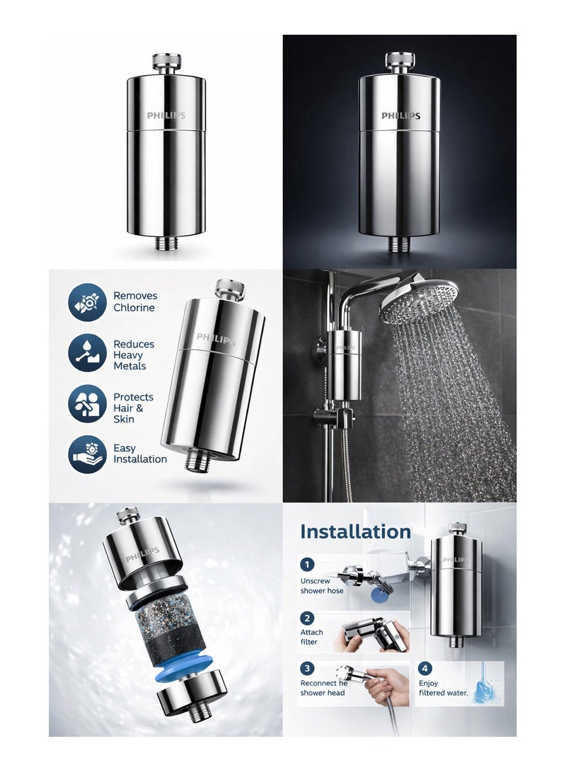فيليبس فلتر استحمام كروم (الأصلي) يقلل الكلور بنسبة تصل إلى 99%، سهل التركيب، يناسب جميع الخراطيم والصنابير القياسية - Image 2