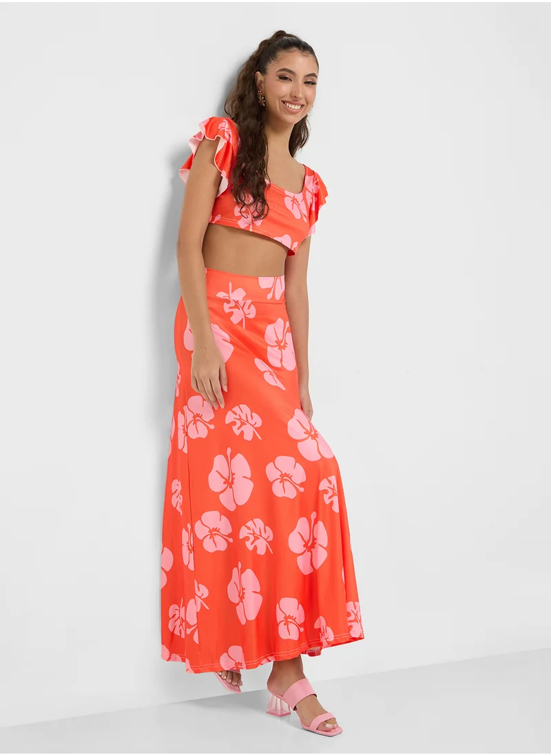 جينجر Floral Print Crop Top & Maxi Skirt Set