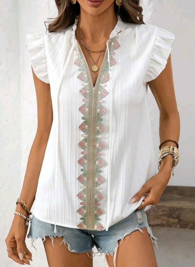 Shein SHEIN LUNE Vacation Casual Lace Panel Cut-Out Collar Blouse  - Image 2