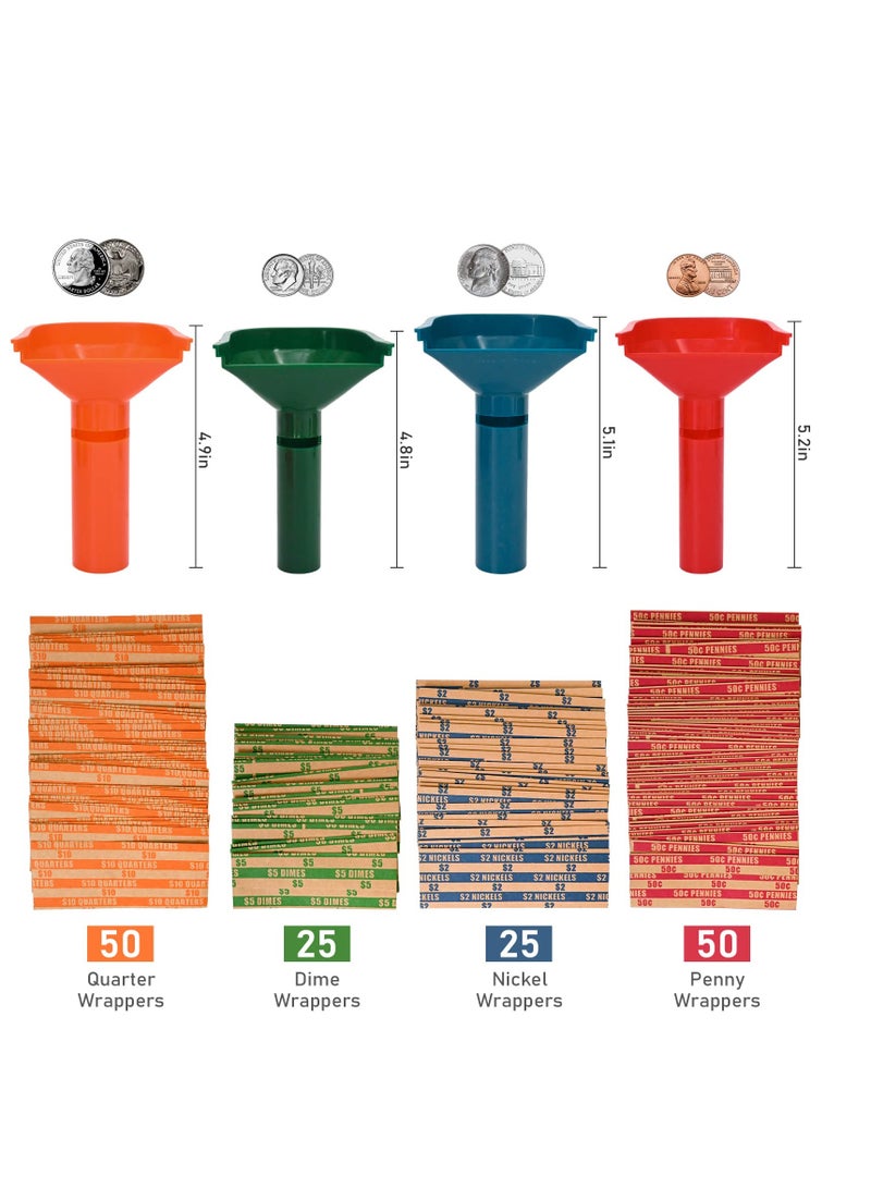 Efficient Coin Sorting Tubes with 100 Assorted Wrappers, 4-Piece Set for Quarters, Dimes, Nickels and Pennies, Simplify Your Coin Wrapping Process - Image 2