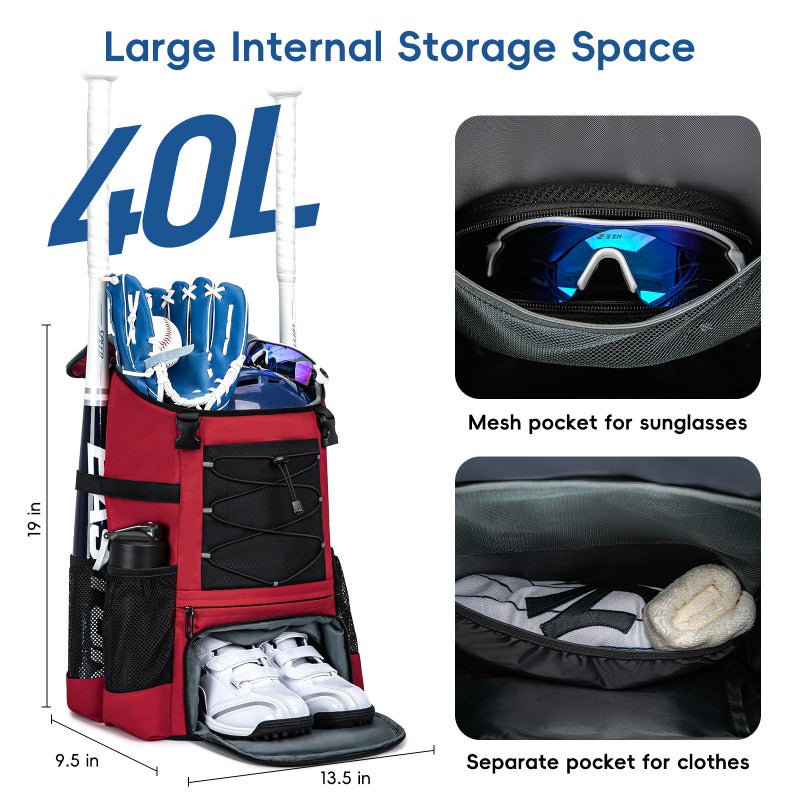 KAVIGOR Baseball Bag for Youth and Adult, Softball Backpack 40L Large Capacity, Bat Backpack with Shoes Compartment and Hidden Helmet Holder - Image 3