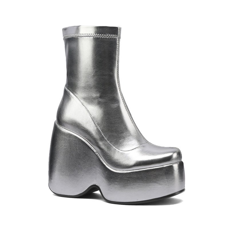 New Thick Bottom Muffin Heel Slope Heel Casual Silver Elastic Boots Side Zipper Short Boots Large Size - Image 5