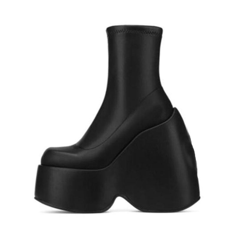 New Thick Bottom Muffin Heel Slope Heel Casual Silver Elastic Boots Side Zipper Short Boots Large Size - Image 1
