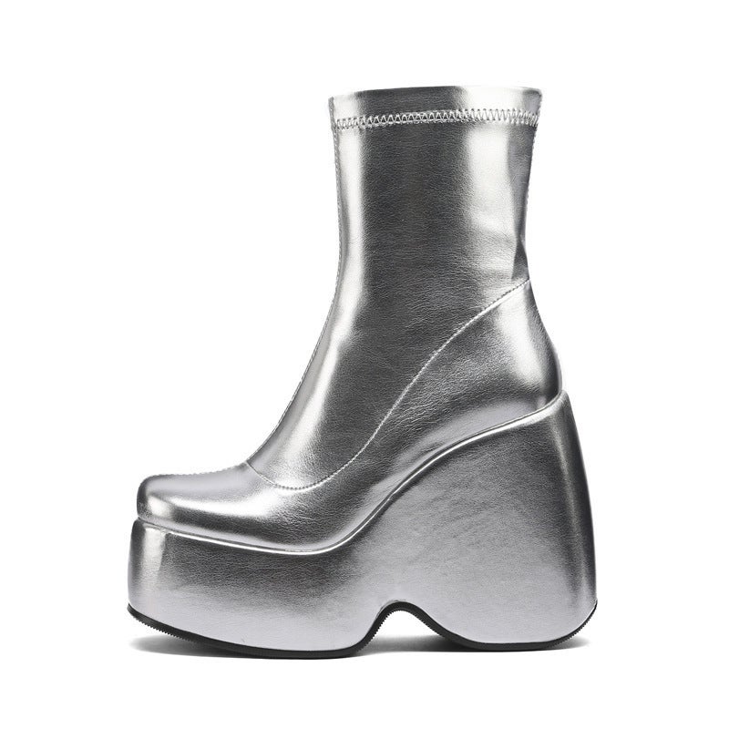 New Thick Bottom Muffin Heel Slope Heel Casual Silver Elastic Boots Side Zipper Short Boots Large Size - Image 3