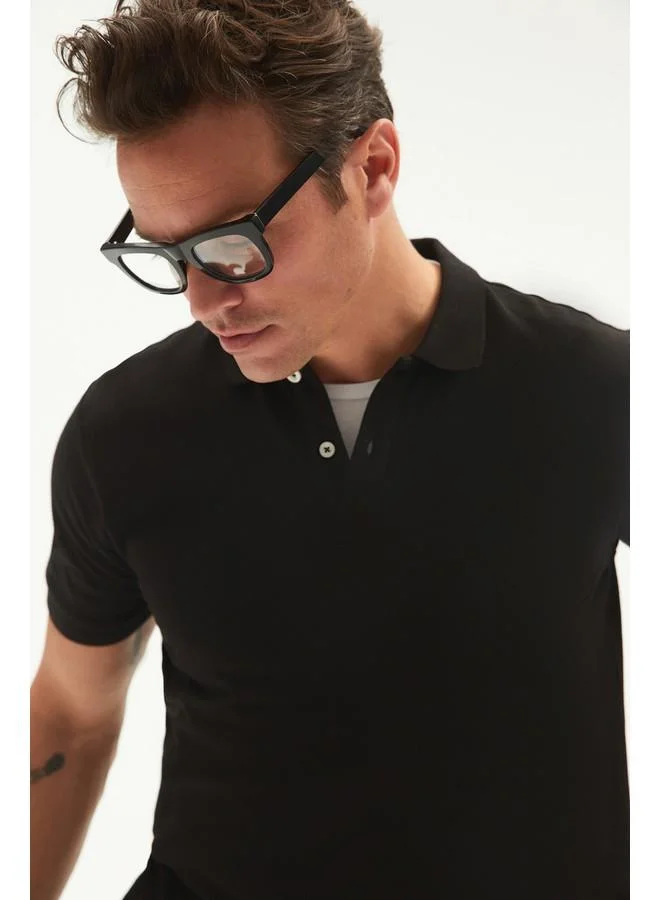 JUNE June Men 100% Cotton Basic Relaxed Fit Polo Neck Tshirt Black