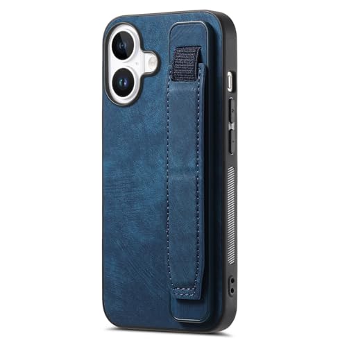 Omio Designed for iPhone 16 Plus Leather Case with Stand & Strap, Wrist Strap Leather Back Cover Hard PC Shockproof Finger Grip Case for Men Women Girls, Blue - Image 1