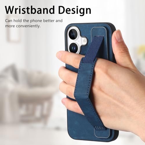Omio Designed for iPhone 16 Plus Leather Case with Stand & Strap, Wrist Strap Leather Back Cover Hard PC Shockproof Finger Grip Case for Men Women Girls, Blue - Image 4