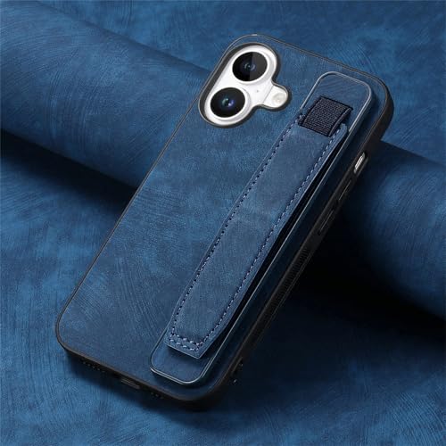 Omio Designed for iPhone 16 Plus Leather Case with Stand & Strap, Wrist Strap Leather Back Cover Hard PC Shockproof Finger Grip Case for Men Women Girls, Blue - Image 2