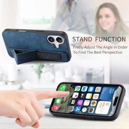 Omio Designed for iPhone 16 Plus Leather Case with Stand & Strap, Wrist Strap Leather Back Cover Hard PC Shockproof Finger Grip Case for Men Women Girls, Blue - Image 5