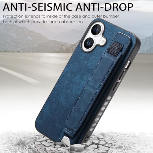 Omio Designed for iPhone 16 Plus Leather Case with Stand & Strap, Wrist Strap Leather Back Cover Hard PC Shockproof Finger Grip Case for Men Women Girls, Blue - Image 3