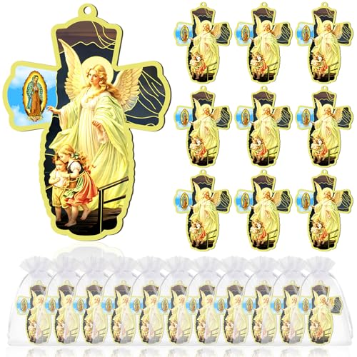 Landical 24 Pcs Guardian Angel Wood Wall Cross with Organza Gift Bags Angel Statue Baptism Favors for Guests First Communion Gift Christian Favors Angelitos Para Bautizo - Image 1
