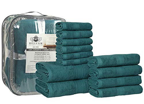 Hillfair 12-Piece 600 GSM Cotton Bath Towel Set - Hotel Spa Towels: 2 Bath, 4 Hand, 6 Washcloths - Absorbent, Super Soft - Teal - Image 3