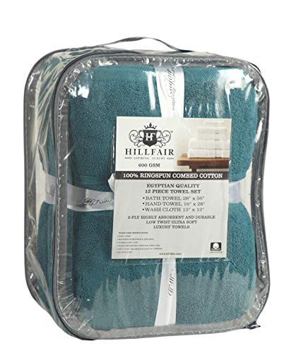 Hillfair 12-Piece 600 GSM Cotton Bath Towel Set - Hotel Spa Towels: 2 Bath, 4 Hand, 6 Washcloths - Absorbent, Super Soft - Teal - Image 5