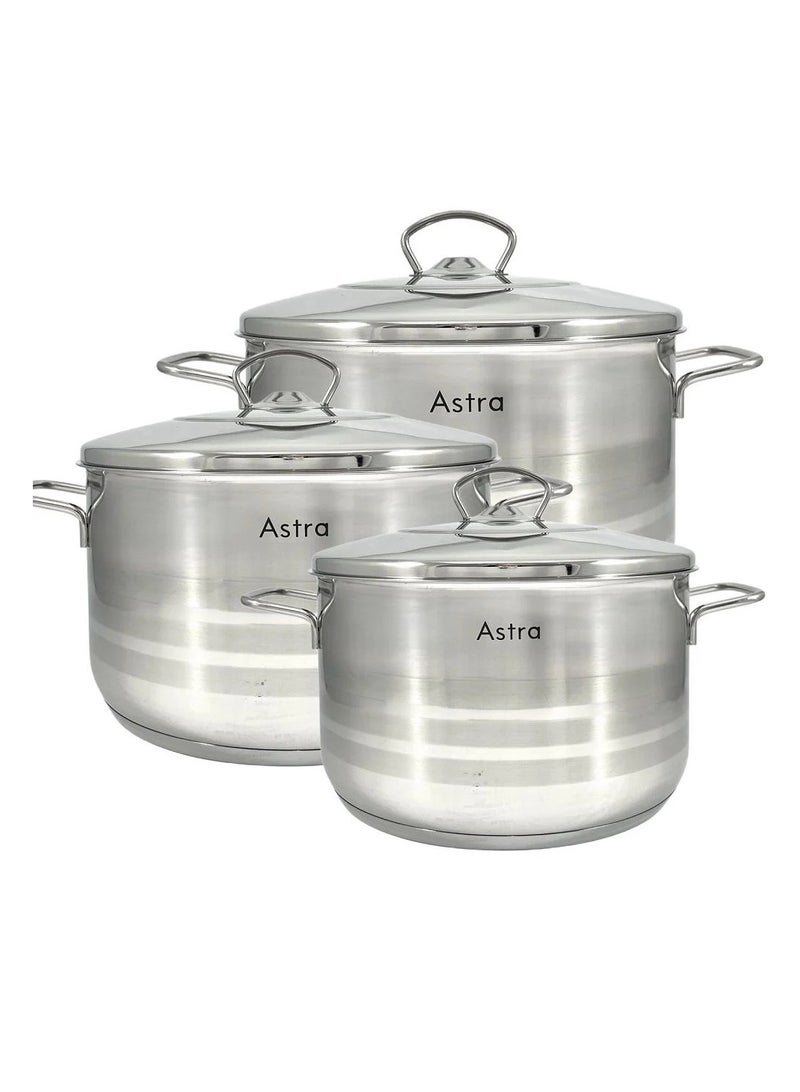 Astra مجموعة أواني الطهي المصنوعة من الفولاذ المقاوم للصدأ من أسترا 6 قطع (26+28+32 سم) – غير لاصقة، آمنة في غسالة الصحون، جاهزة للاستخدام على جميع أنواع المواقد - Image 1
