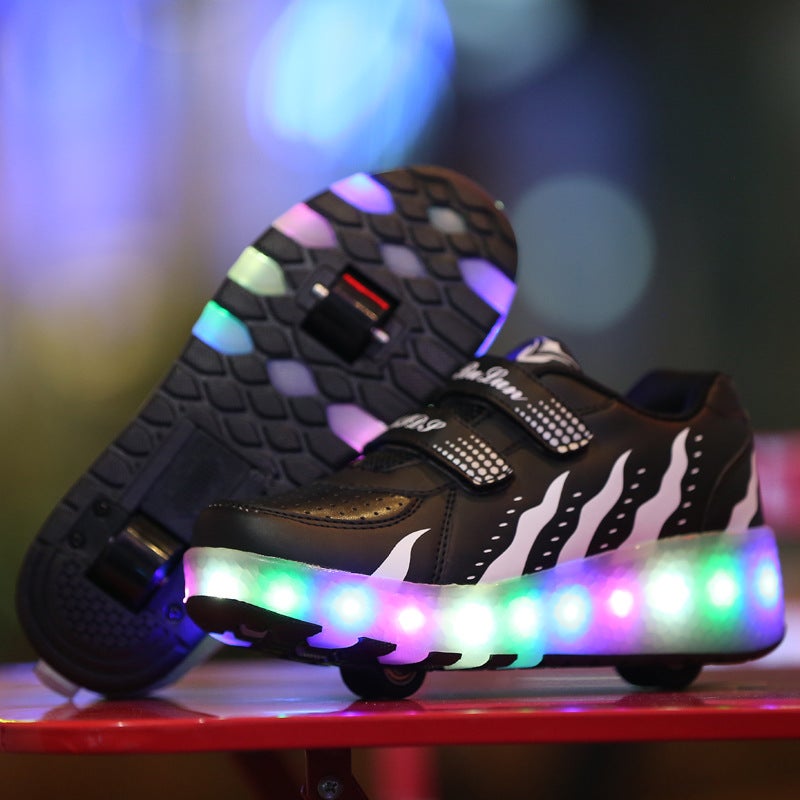 Childrens adult skates luminous shoes LED Boys single row girls luminous manufacturers Black and White