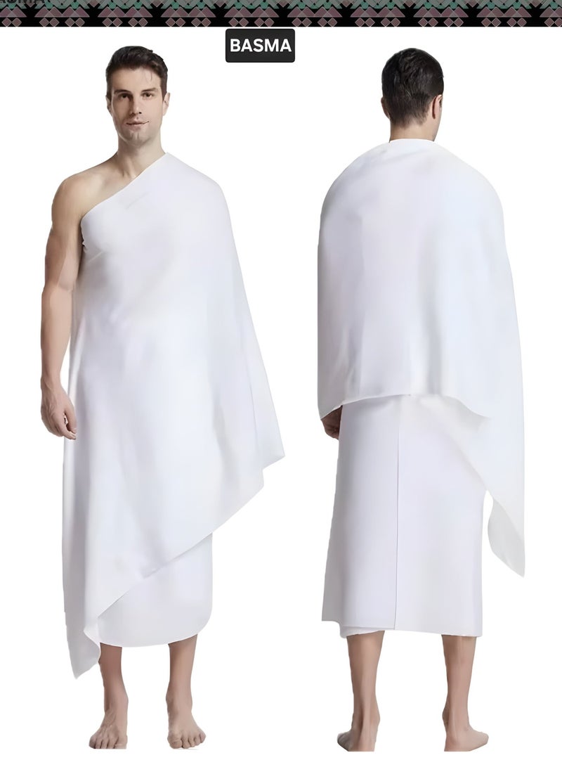 بسمة إحرام رجالي فاخر مكون من قطعتين للحج والعمرة – قطن سميك 1200 GSM | غير شفاف | سريع الجفاف | مناشف بيضاء للحجاج | قماش إحرام رجالي مريح وقابل للتنفس - Image 1