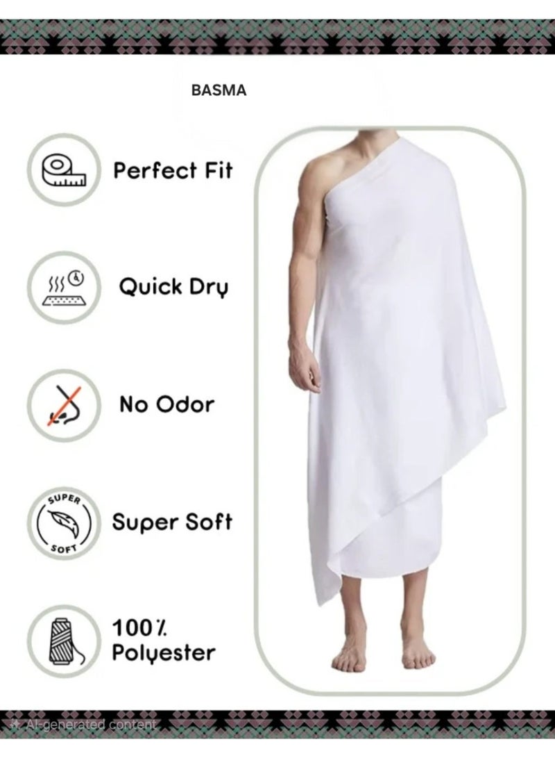 بسمة إحرام رجالي فاخر مكون من قطعتين للحج والعمرة – قطن سميك 1200 GSM | غير شفاف | سريع الجفاف | مناشف بيضاء للحجاج | قماش إحرام رجالي مريح وقابل للتنفس - Image 2